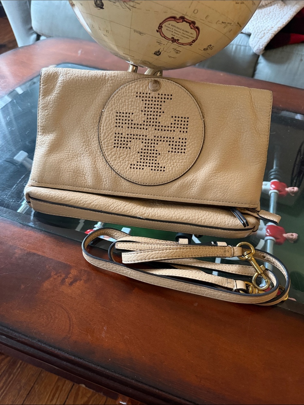 Tory Burch Cream Perforated Logo Leather Crossbody Wristlet